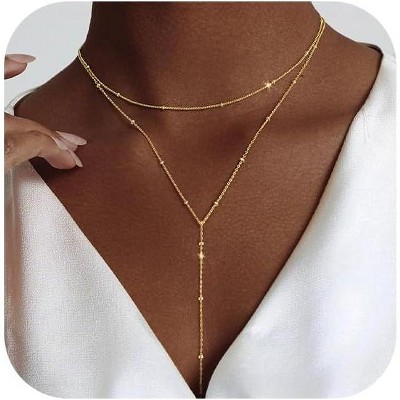 Lariat Gold Necklace for Women: Dainty 14K Gold Plated/Silver Y-Shaped Beaded Drop Chain, Trendy Gift