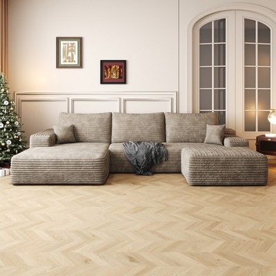 107" Cloud Plush Corduroy Modular U-Shaped Sectional Sofa with Left Chaise and Ottoman, Floor Design, No Assembly