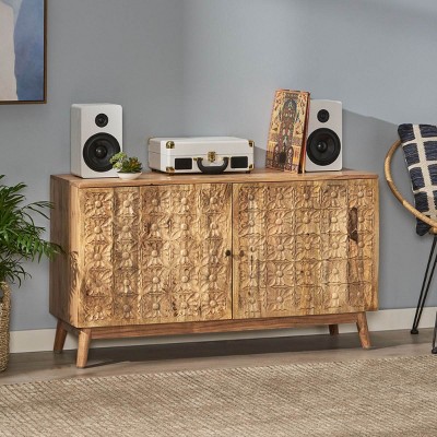 Boho Wood Sideboard Cabinet with Handcrafted Carved Doors,Acacia Wood Storage Cabinet for Living Room,Carved Wood Accent Cabinet-Cuddlewood