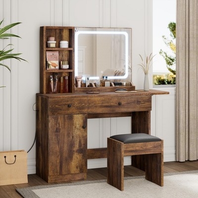 Modern Makeup Vanity Desk Set - LED Illuminated Mirror Vanity with Storage Drawers, Cabinet & Stool - Electrical Outlet Included - for Bedroom
