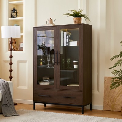60'' Tall LED Lighted Display Cabinet with Tempered Glass Door & 2 Drawers, Modern Storage Bookshelf for Living Room, Office/Study - ModernLuxe