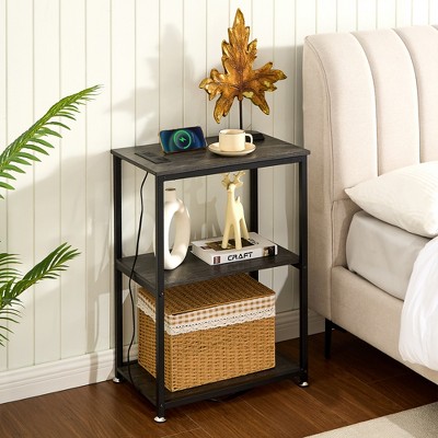 VECELO 3-Tier Industrial Versatile Side Nightstands Sofa Table with Large Storage for Living Room, Space Saving, End Table, Brown/Gray