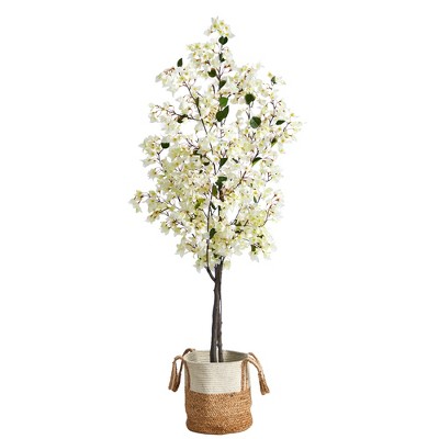 Nearly Natural 6-ft Artificial Bougainvillea Tree with Handmade Jute & Cotton Basket, White
