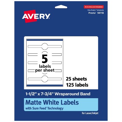 Avery Matte White Wraparound Labels, 1-1/2" x 7-3/4", 125 Total