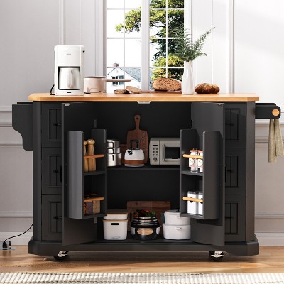56" Farmhouse Kitchen Island with Drop Leaf, Power Outlet & 6 Drawers - Rubber Wood Veneer Rolling Cart with 4 Door Shelves for Dining Room