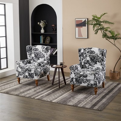 ORRD Vintage Luxury Coffee Table & High-Back Armchair Set, Antique White + Gray Chair & Walnut Table