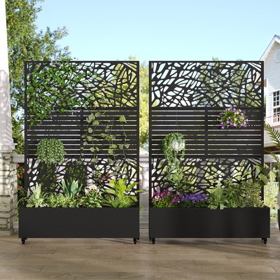 Wooakway 72"H Two-tone Patio Planter Box with Trellis Metal Raised Garden Bed Black Decorative Privacy Screen with Wheels