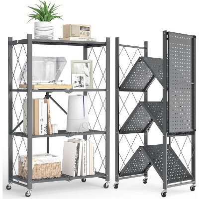 SUGIFT Foldable Storage Shelves with Wheels Heavy Duty Metal Rack 4 Tier or 5 Tier Rolling Organizer for Garage Kitchen Office No Assembly