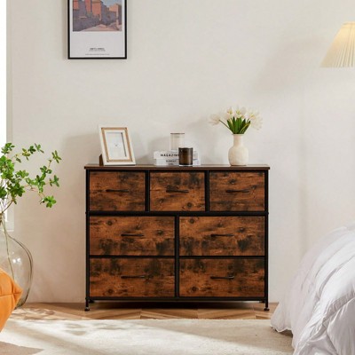 SKRAN Dresser For Bedroom With 7 Fabric Drawers, Chest Organizer Units For Clothing, Closet, Bedroom With Cabinet, Metal Frame, Wooden Top