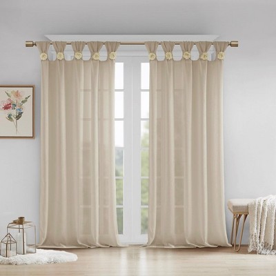 Kumasinova 63"/84"/95" Floral Decor Cuff Sheer Curtains,Tab Top Solid Linen Curtains Panel,Window Curtains for Living Room&Bedroom