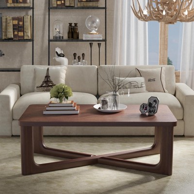 PexFix 50" Modern Coffee Table Rectangular Farmhouse Solid Wood Coffee Table with Cross Sturdy Legs Center Table for Home Office Living Room Walnut