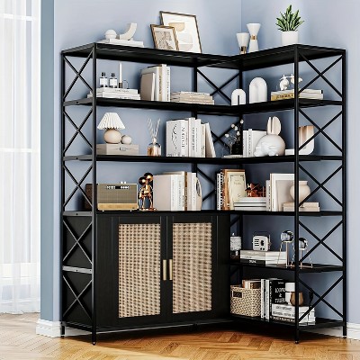 Garvee 6-Tier Industrial Corner Bookshelf,L-Shaped Bookshelf With Storage Cabinet,Large Display Shelf For Home Office, Living Room, Kitchen