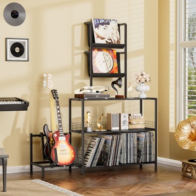 MOEPISY Vinyl Record Player Stand With Guitar Stand, Record Player Cabinet With Vinyl Storage Holds Up To 300+ Albums Black