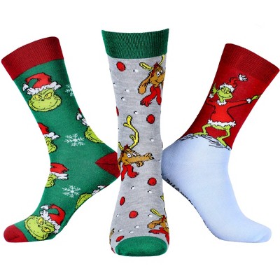 Dr Seuss GRINCH Character Design Adult Holiday 3 Pair Crew Socks Multicoloured