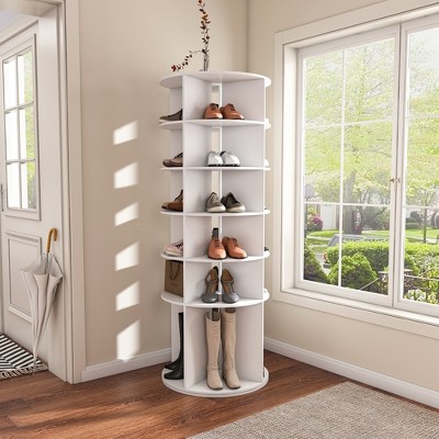 KWPZQEB Rotating Shoe Rack Tower, Revolving 360 Shoe Rack Storage Carousel, Vertical Handbag Rotate Shoes Closet Organization, White