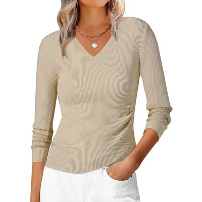 INSPIRE CHIC Women's V-Neck Knitted Ruched Button Decor Long Sleeve Slim Fit T-shirt