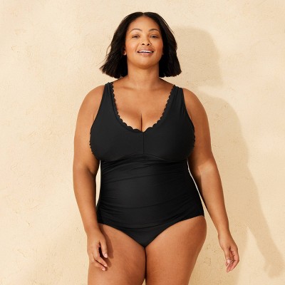 Women's Tummy Control Plunge Full Coverage One Piece Swimsuit Solid - Shade & Shore™ Black