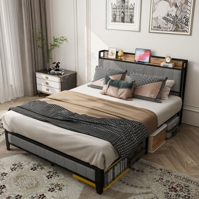 Sapphtopaz Bed Frame with Headboard Upholstered Metal Platform Bed with Charging Station and Slat Support for Bedroom, Apartment