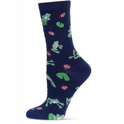 Memoi Women's Frogs Bamboo Crew Socks Navy 9-11