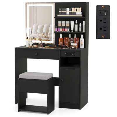 Costway Vanity Desk Set with Mirror & Lights Power Outlet Cushioned Stool Drawer & Shelves White/Black