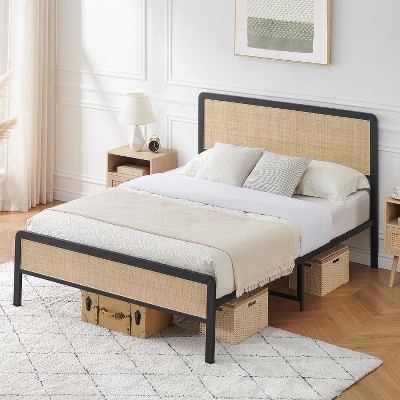 Rattan Headboard Bed Frame with Metal Support Under Bed Storage No Box Spring Needed Natural