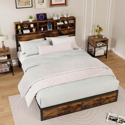 Costway Twin/Full/Queen/King Bed Frame with Charging Station Storage Headboard Under-bed Storage Space