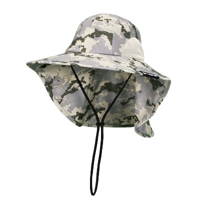 Tirrinia Unisex Wide Brim Bucket Hat with Neck Flap and Chin Cord, Outdoor Camping Hiking Fising Sun Hat, Camouflage