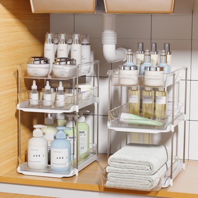 Aoibox 3-Tier Pull Out Under Sink Organizer 2 Sets Stackable Clear Kitchen Bathroom Cabinet Storage with Dividers