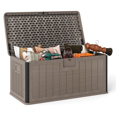 Costway Storage Box with Lockable Design & Gas Strut Handle 2 Person Bench Garden Organizer Brown/Black/Gray/Brown+Black