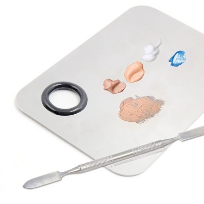 Unique Bargains Stainless Steel Square Pro Ladies Makeup Board Cosmetic Palette w Spatula Tool Silver Tone 5.8" x 3.9" 1 Pc
