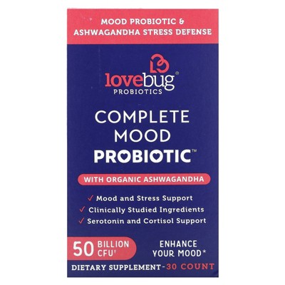 LoveBug Probiotics Complete Mood Probiotic with Organic Ashwagandha, 50 Billion CFU, 30 Count