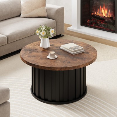 Garvee Round Coffee Table, Mid Century Modern Coffee Table with Metal Base, 31.9" Fluted Center Table for Living Room, Home Small Space,