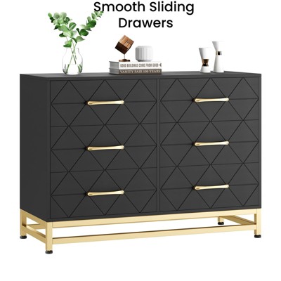 Jojoka Wooden 6 Drawer Dresser for Bedroom, Tall Vertical Chest of Drawers with Storage and Gold Accents for Hallway, Entryway
