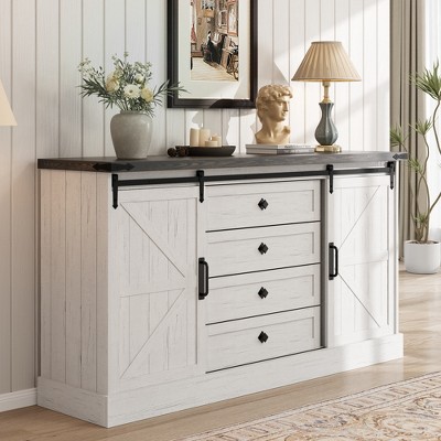COZONY 59" Farmhouse 4 Drawer Dresser with Sliding Barn Doors, TV Stand and Wide Storage Chest for Bedroom, Living Room, Closet