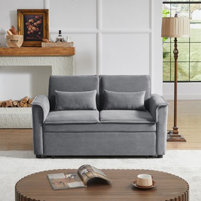 Modern Convertible Loveseat Sleeper Sofa Couch with Adjustable Backrest, 2 Seater Sofa With Pull-Out Bed with 2 Lumbar Pillows For Small Living Room