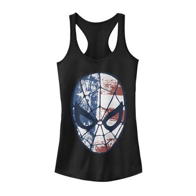 Juniors Womens Marvel Fourth of July  Spider-Man American Flag Mask Racerback Tank Top