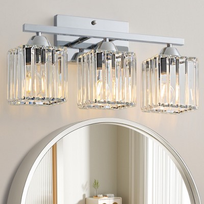 POWLIG 16.9" Modern Vanity Light - 3-Light Dimmable Bathroom Light with Square Crystal Shades