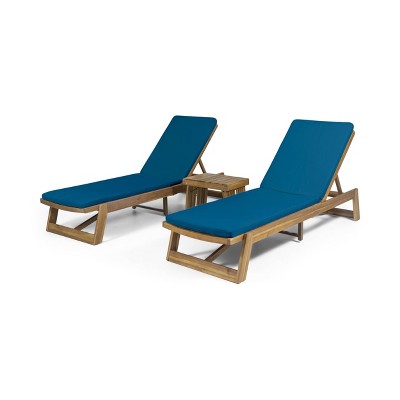 Kyoto 3pc Outdoor Acacia Wood Chaise Lounge Set with Cushions - Teak/Blue - Christopher Knight Home: Patio Armless Seating & Accent Table