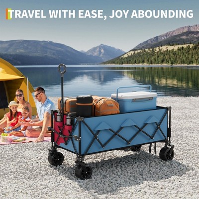 TROPOW Collapsible Utility Wagon Cart with All Terrain Wheels, Heavy Duty Foldable Beach Wagon, Portable Cart for Groceries Sand Camping, Blue