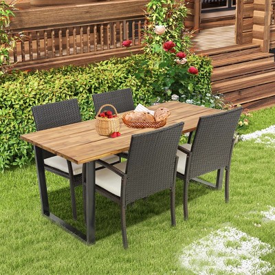 Costway 5 PCS Patio Rattan Dining Set Acacia Wood Table 4 Wicker Chairs with Umbrella Hole