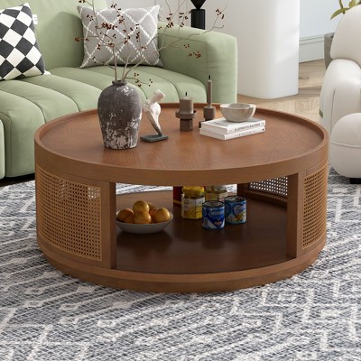 Kumasinova 36.8" Mid-Century 2-Tier Coffee Table with Storage,PE Rattan Side Low End Table Accent Cocktail Table for Living Room,225lbs Max