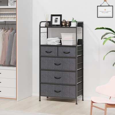 Fabric Dresser Storage Tower with 5 Drawers, Tall Dresser for Bedroom with Open Shelf,