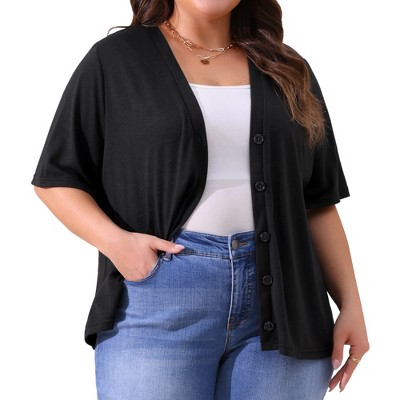 Agnes Orinda Women's Plus Size Short Sleeve Sheer Crewneck Button Down Knitted Casual Cardigan