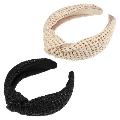 Unique Bargains Women's Bohemian Style Knotted Straw Rattan Sponge Headband Black Beige 2 Pcs
