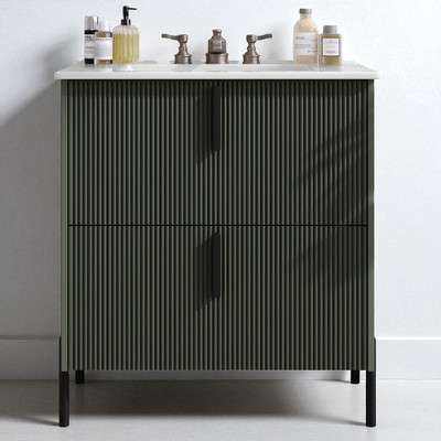 30" Bathroom Vanity with Soft Close Undermount Drawers, High-Quality Ceramic Sink, Handcrafted Fluted Design, Full Extension Storage,Bathroom Cabinet