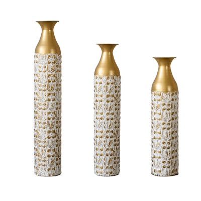 Gulches Mother's Day Gift Set - Gilded White 3D Relief Flower Metal Vase Set 24". 29". 32. 68 height