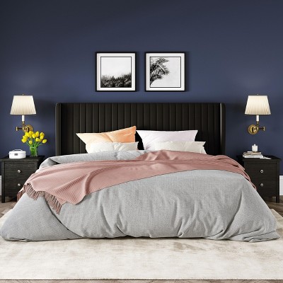 Allewie Bed Platform Frame/Velvet Upholstered Bed Frame with Vertical Channel Tufted Headboard/Strong Wooden Slats/Box Spring Optional