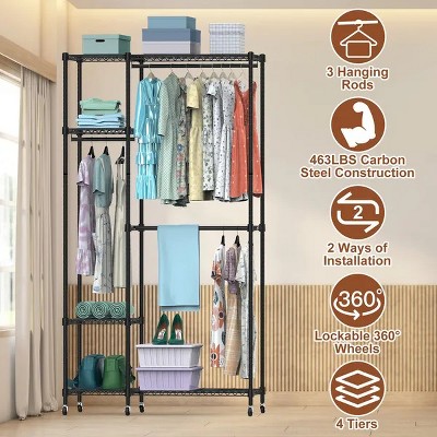 Racxily 4 Tier Heavy Duty Garment Rack with Wheels Carbon Steel Clothing Rack Portable Wardrobe Clothes Rack with 3 Hanging Rods 6 Footrests