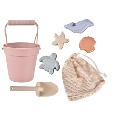 Link Ready! Set! Play! Silicone Beach & Pool Toy 7pc Set For Travel Easy To Clean Bucket Shovel 4 Sands Molds For Toddlers & Babies Carry Bag Included