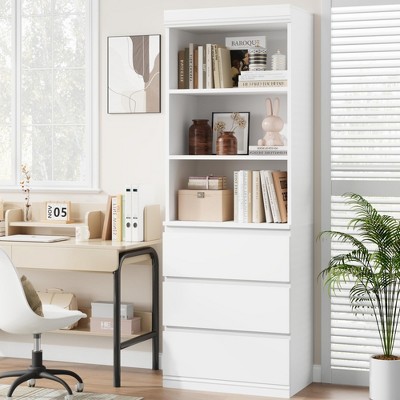 70" Tall Bookcase with Drawers, Bookshelf w/ 3 Tier Open Shelves & 3 Storage Drawers, Modern Deep Storage
